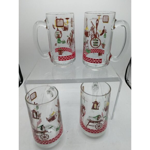 4 Hazel Atlas Vintage Kitchen-ThemedGlass Beer Mugs/1950's Root Beer W/Red Brick - Picture 1 of 9